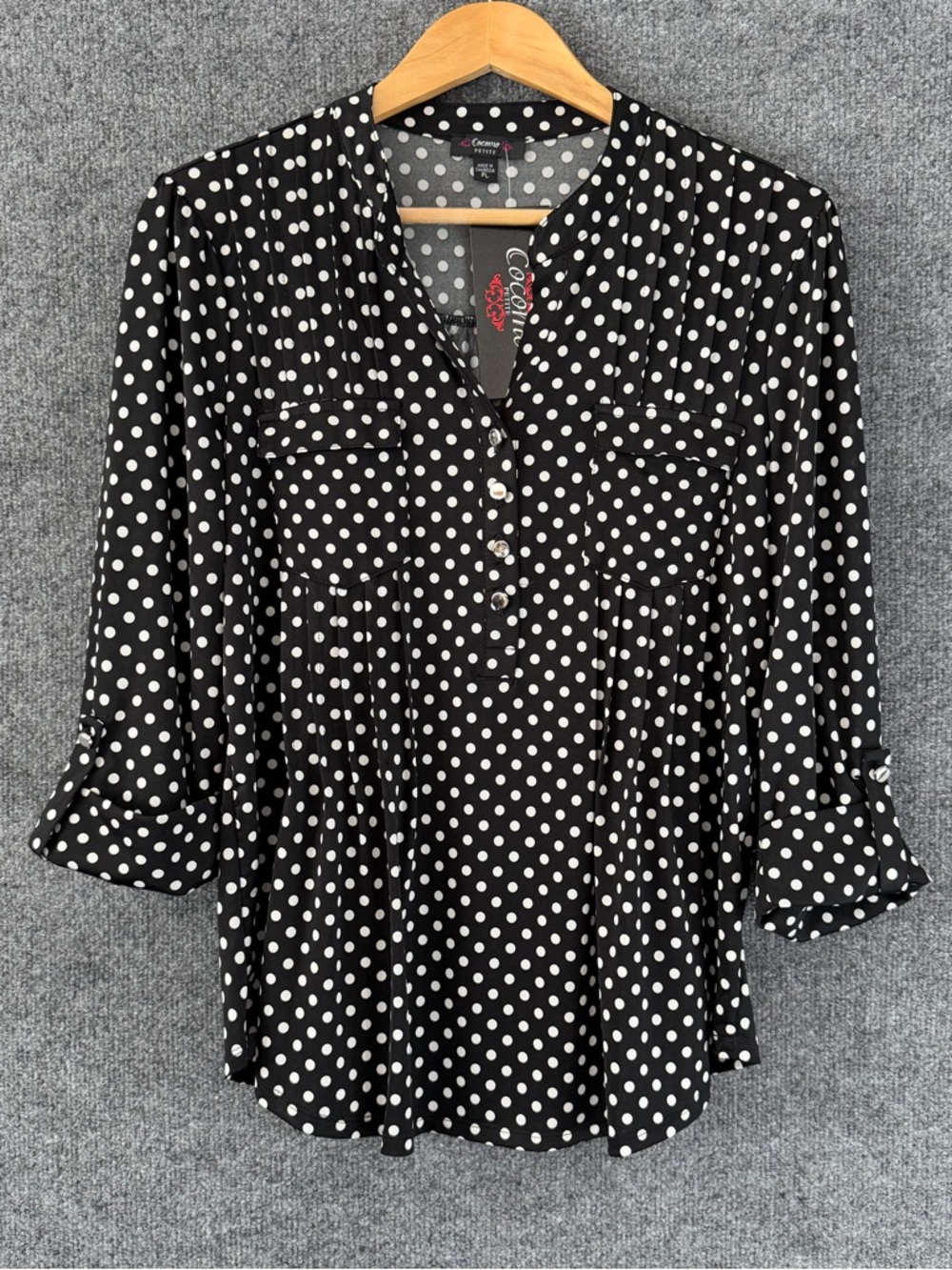 Cocomo Womens Polka Dot 3/4 Sleeve Top Size Large Petite Black White Stretch